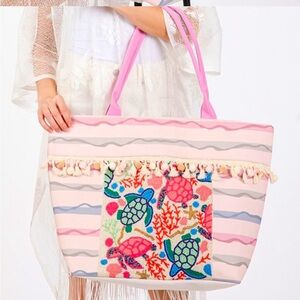 Pink Embroidered Turtle Tote Bag NIB